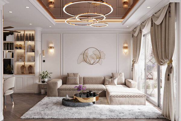 Модная и гладкая гостиная с бежевым диваном, журнальным столиком и белой стеной с золотыми акцентами
