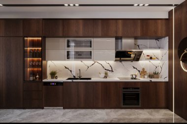 Çağdaş mutfakta kullanılan LED ışıklandırma ile ahşap ve mermerin dinamik bir kombinasyonu