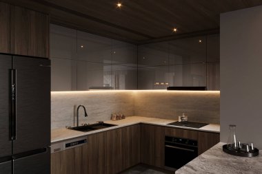 Gri ve ahşap mutfak, bar, yan manzara