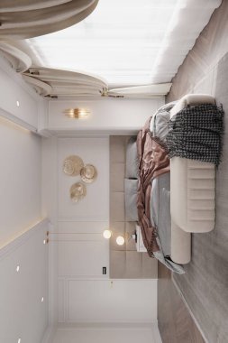 Büyük yataklı, beyaz banklı ve perdeli pencereli zarif İskandinav yatak odası..