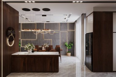 Karanlık ahşap ve mermer kahvaltı barı olan çağdaş bir mutfak.