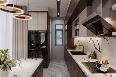 Modern çiftlik evi tarzında ahşap ve beyaz tonlu bir dairede mutfak.