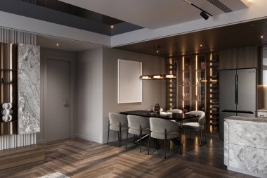 Lüks mutfak ve yemek odası klasik tarzda koyu gri duvarlar ve ahşap zemin.