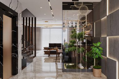 Minimalist modern iç tasarım. Minimalist tarzda açık bir planı olan büyük parlak bir daire.