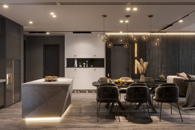 Parlak mutfağı olan modern bir daire, yemek odası tasarımına kadar.