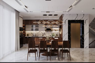 Modern yemek odası iç tasarımı, rahat mutfağın modern iç tasarımı..