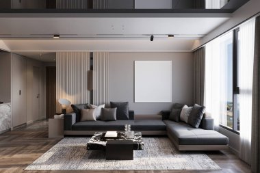 Modern oturma odası. Büyük pencereleri ve gri koltuğu var.