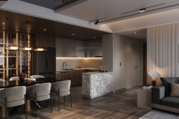 luxury kitchen in classic style with wood floor.