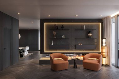 Oturma odasının iç tasarımı iki turuncu sandalyeli minimalist tarzda.