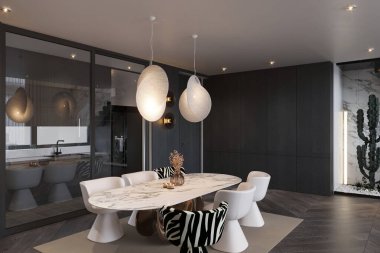 İç kompozisyonda yemek masası olan bir yemek odası ve farklı renkte sandalyeler yer alıyor..