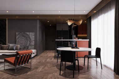 Büyük bir pencereden içeri ışık süzülen karanlık ve rahat bir yemek odası..