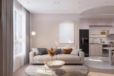 Tarafsız Kanepeli Minimalist Oturma Odası, Tarafsız Renkli Kanepe ve Basit Dekorlu Oturma Odası