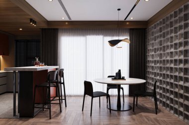Modern yemek odası modaya uygun ve siyah sandalyeli, beyaz yuvarlak yemek masalı.