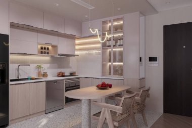 Modern açık-konsept yaşam, gösterişli beyaz mutfak, parlak yemek alanı, ve davetkar yaşam alanı