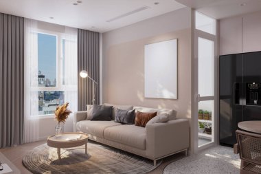 Mükemmel modern ve basit, minimalist iç mekan ve şehir manzarası