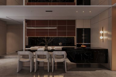 Lüks modern evde yemek odası mutfağı.