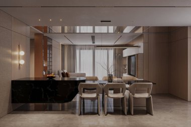 Geniş, parlak oturma odası mutfak tezgahı, mermer elementler, siyah mermer yemek masalı sandalyeler.