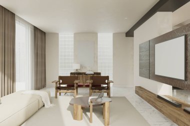 Modern, ferah bir oturma odasının içinden yemek odasına.