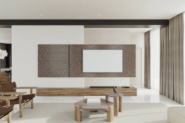 Oturma odasının içinde konsol ve model ekranlı televizyon var.