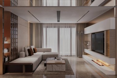 Beyaz perdelerle kaplı panorama penceresinin yanındaki modern, parlak oturma odası.