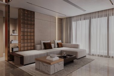 Dairenin modern iç tasarımı, boş oturma odası.