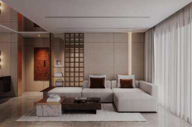 Panorama penceresinin yanındaki beyaz perdeyle kaplı modern oturma odası minimalist iç tasarım.