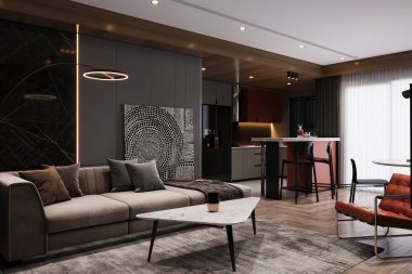 Mobilyalarla modern moda bir iç mekan. çağdaş apartman iç tasarımı. 3B illüstrasyon.