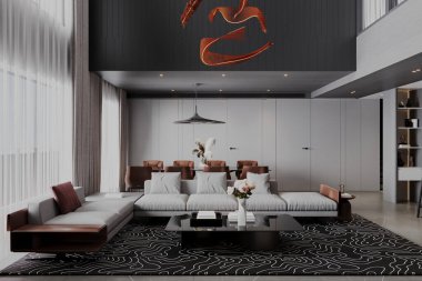 Zarif modern oturma odası, şık mobilyalar ve beyaz perdelerle kaplı büyük pencereler.