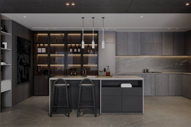 İçinde taburelerle kahvaltı masası olan modern bir mutfak.