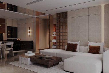 Modern ev, oturma odası ve yemek odası.