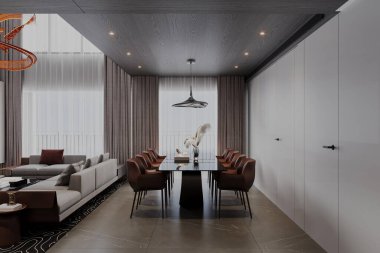 Yemek ve oturma odasının çağdaş iç mekanı, pencereden akan gün ışığı.