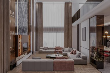 Oturma odasında lüks ve çağdaş tarzların bir karışımı.