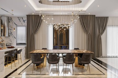 Zarif yemek odasının mermer bir masa ve şık sandalyeli üç boyutlu görüntüsü.