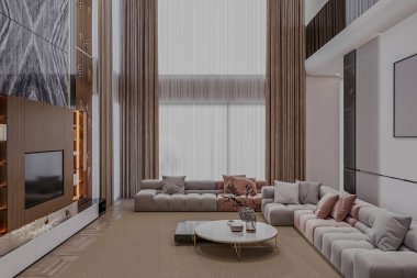 Yüzyılın ortalarında modern tarzda rahat bir kanepesi ve iç mekanı olan zarif ve lüks bir oturma odası..