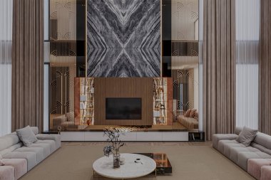 Oturma odasının içi kanepe ve dolap arka planıyla dolu.