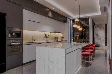 Mermer tezgahlı mutfak, paslanmaz çelik aletler, parlak ve işlevsel iç mekan.