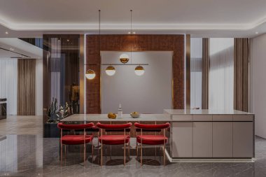 Beyaz mermer bir yemek masası olan yemek odası kırmızı koltuklar ve bir beyan avizesi.