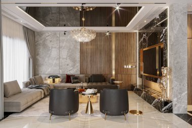 Oturma odası ya da iş salonu koyu renkli ve özel mobilyalarla dolu.