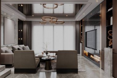 Estetik oturma odası iç tasarımı, şömine ve kanepe 3D tasarımı.