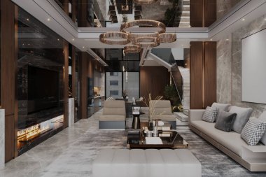 Estetik iç tasarım, modern mobilyalar, bölüm halinde bir kanepe, bir beyan avizesi.