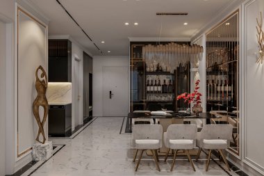 Hollywood tarzı lüks dekorlu 3D yemek odası.