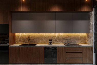 Modern mutfak içi lavabo ve soba ile mutfak gereçleri