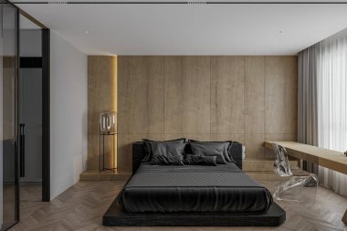 Minimalist tasarımı olan modern yatak odası, büyük yatak odası, nötr yatak, ahşap bölme ve dokulu duvar.