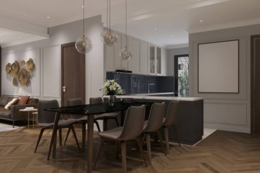 Çağdaş bir yemek alanının 3 boyutlu canlandırması.