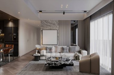 3D minimalist oturma odası iç tasarım ilham kaynağı endüstriyel tarzda