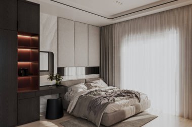 Soyunma odası olan yatak odası, koyu minimalist tarzı, 3 boyutlu dekorasyon.
