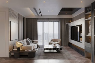 Modern bir tasarımı olan zarif ve ferah bir oturma odası.