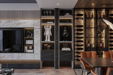 İç mekan, televizyon, raflar, şarap rafı ve yemek masası olan modern bir oturma odası..