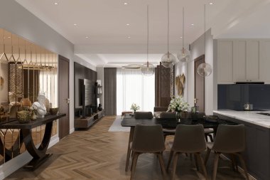 Modern minimalist yemek iç tasarımı açık-plan mutfağında