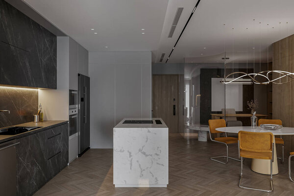 contemporary white kitchen featuring top-notch appliances a black countertop and a white island.